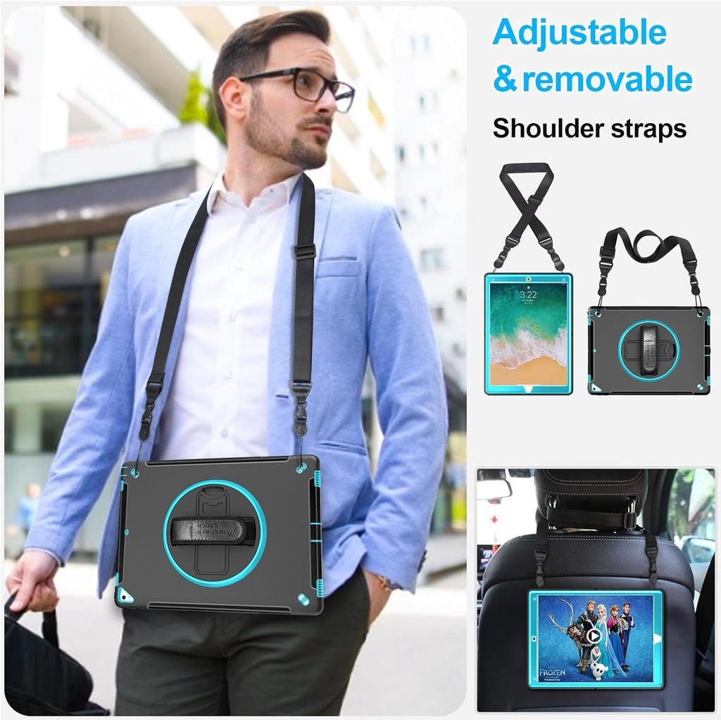 Case for iPad Pro 12.9 2nd Generation 2017& 2015 1st Generation, Heavy Duty Rugged TPU Protective Cover with Screen Protector- Stand + Handle Hand & Shoulder Strap + Pencil Holder- Mint Green