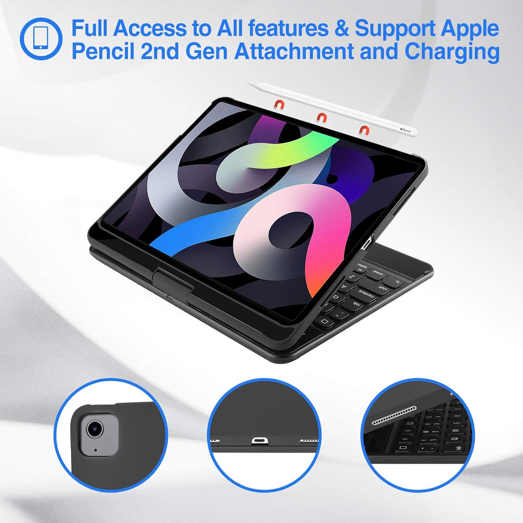 ProCase 360° Rotation Keyboard Case for iPad Air 11" (M3/M2) 2025/2024/Air 5th/4th 10.9" 2022 2020/ iPad Pro 11" 2022 2021 2020 2018, Wireless Keyboard with 7 Colors Backlit, Auto Sleep/Wake -Black