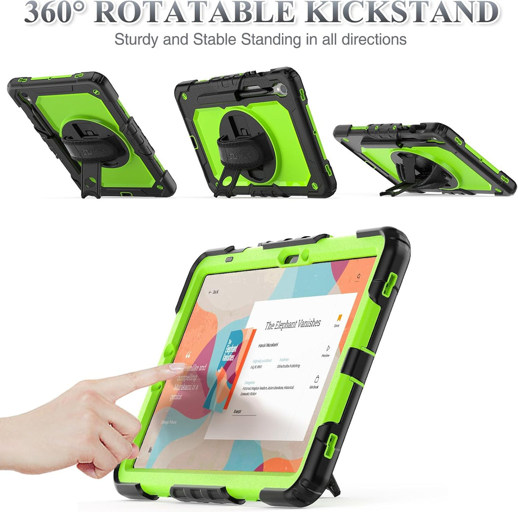SEYMAC stock Case for Samsung Galaxy Tab S10 FE / S9 / S9 FE 5G Tablet Case Protective with Screen Protector, Pencil Holder, 360 Rotate Stand, Hand Strap, Shoulder Strap, Green1