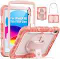 SEYMAC for iPad (A16) 11th/10th Generation 2025/2022 (11″/10.9″), Heavy Duty Full-Body Shockproof Protective Case with Screen Protector, Rotating Stand, Hand/Shoulder Strap, Multicolor/Pink