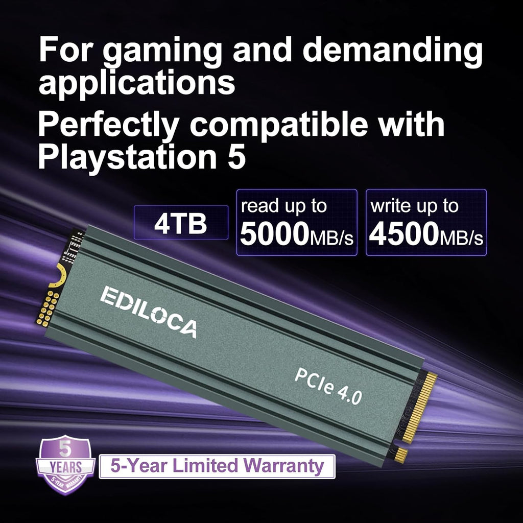 4TB M2 NVME SSD with Heatsink - PCIe Gen4.0 NVMe M.2 2280 3D NAND QLC, 5000MB/s Read, Internal Solid State Drive for PS5/PC, Dynamic SLC Cache, PS5 Storage Expansion, 5-Year Warranty(EN760)