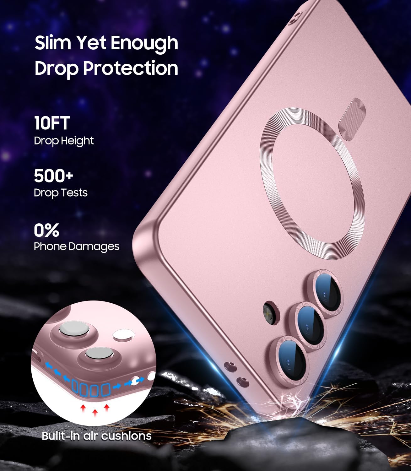 Magnetic for Samsung Galaxy S25 Case [Compatible with MagSafe][Built-in Camera Lens Protector] Slim Soft Silicone Bumper Shockproof Metallic Luster Phone Case (Rose Gold)
