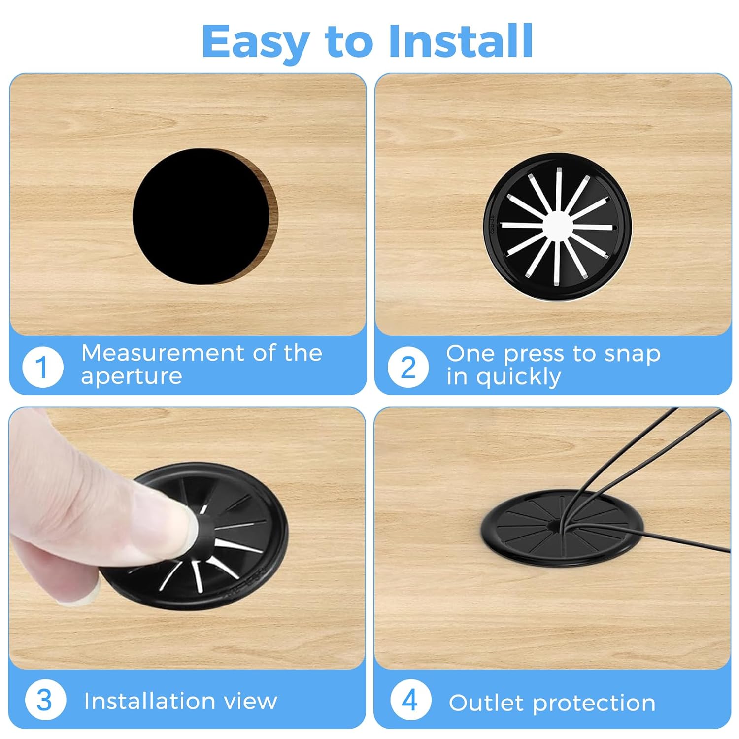 4 Pcs Cable Grommet, Snap Bushing 2-9/16" (65 mm) Mounting Diameter, Flexible Petal-Shaped Buckle Round Nylon Desk Grommet for Wires Through Countertop Cord Organizer and Protection, Black