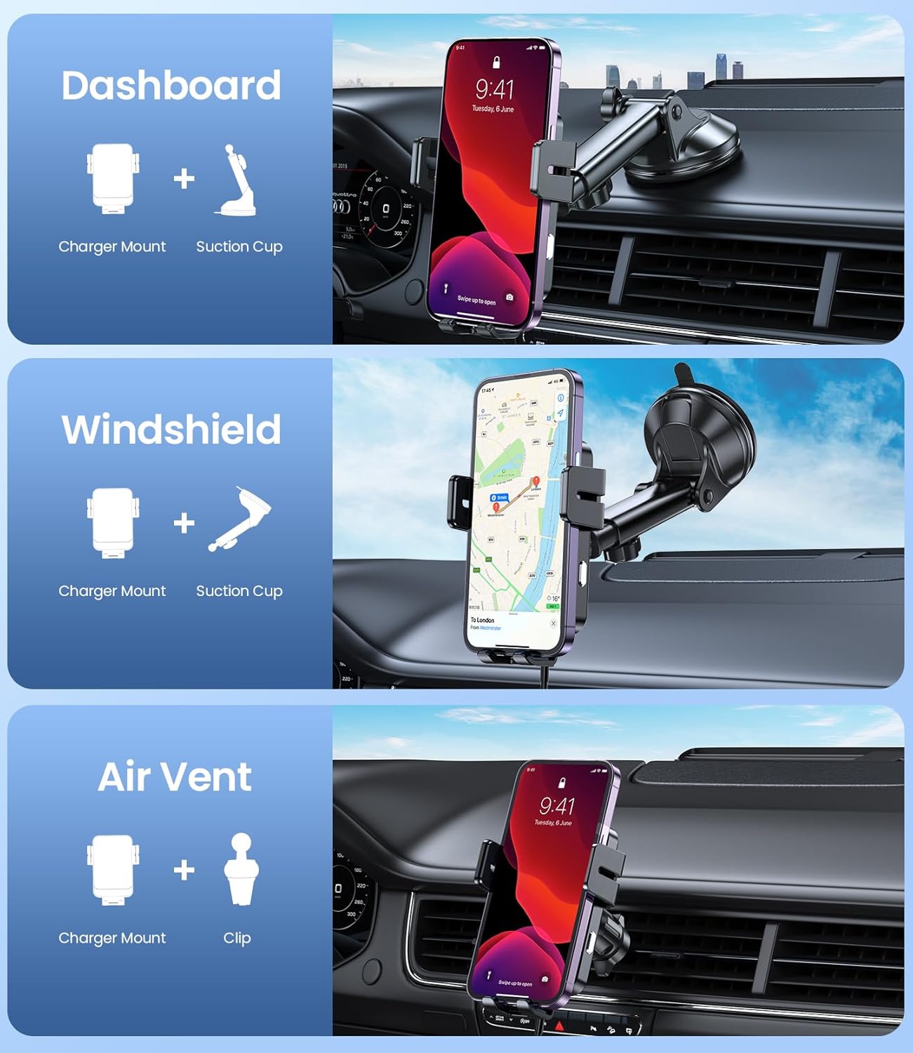 Wireless Car Charger, MOKPR 15W Fast Charging Auto-Clamping Car Mount Universal Hands-Free Car Charger Mount for Dash Windshield Air Vent Compatible with iPhone 15/14/13/12, Samsung S23/S22/S21 Black