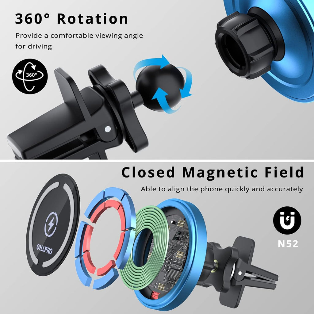 OHLPRO for iPhone16 Magsafe Car Mount Charger, 15W Fast Charging Dashboard Magnetic Car Phone Holder - Vent Clip and 3M Adhesive Base Never Block Air for iPhone 15/14/13/12 Series Magsafe Case, Blue