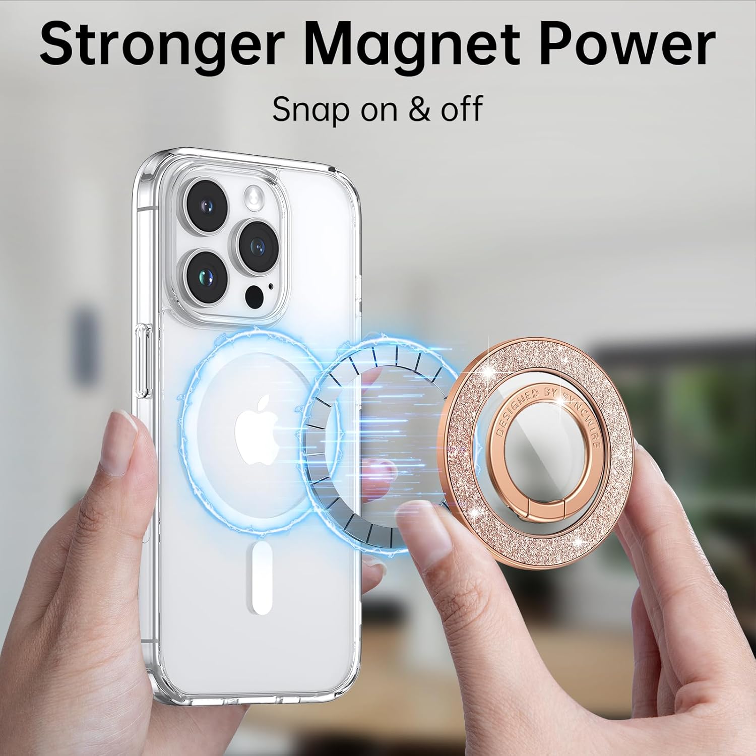 Syncwire Magnetic Phone Grip for MagSafe, Magnetic Sparkle Phone Ring Holder, Rotatable Kickstand Cell Phone Stand Removable MagSafe Accessories for iPhone 15 Pro Max 14 13 12,Android- Rose Gold