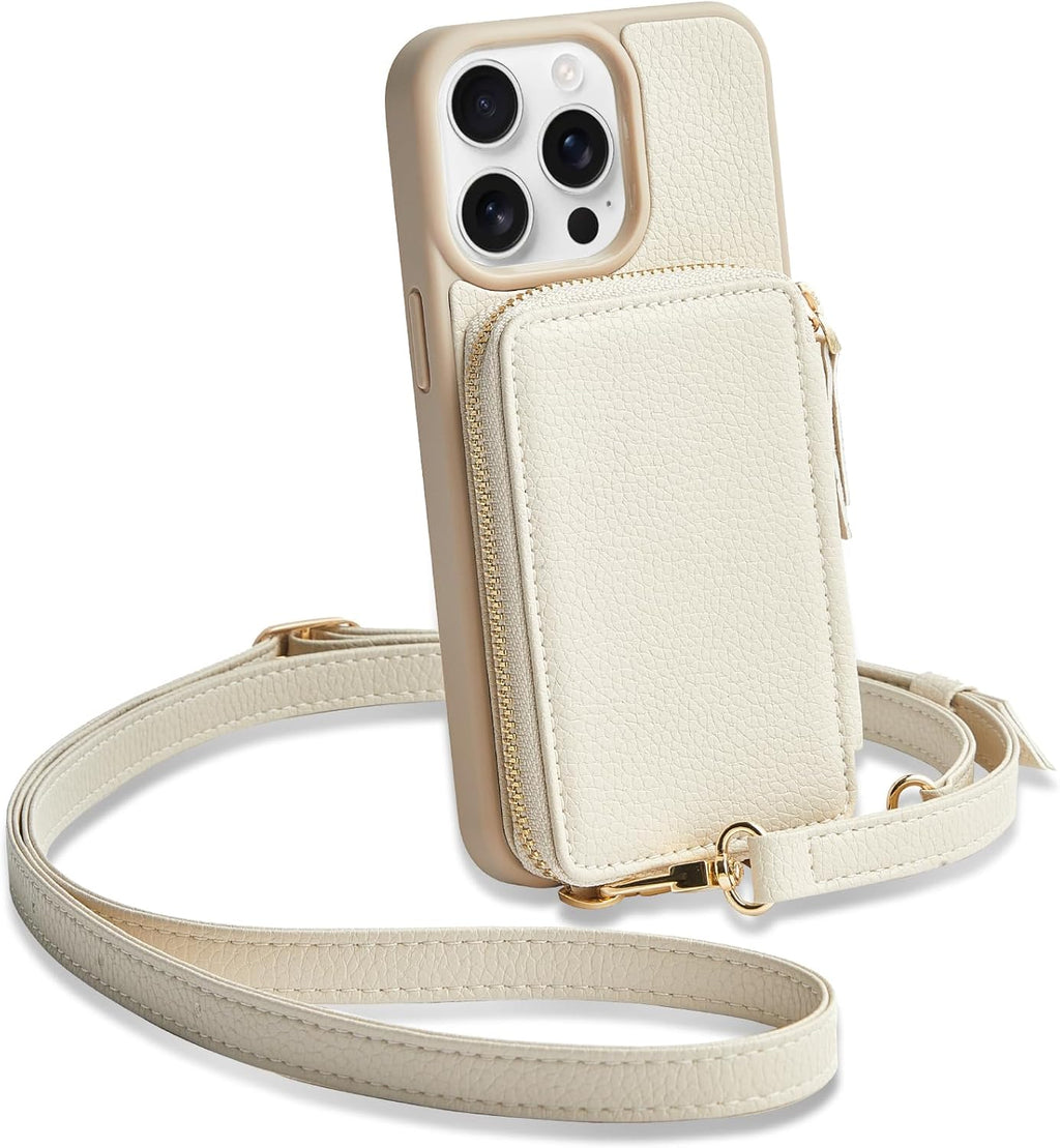 ZVE for iPhone 15 Pro Wallet Case with Card Holder, Phone Cover for Women, Zipper Leather RFID Blocking Purse with Wrist Crossbody Strap for iPhone 15 Pro (6.1 inch)- Beige