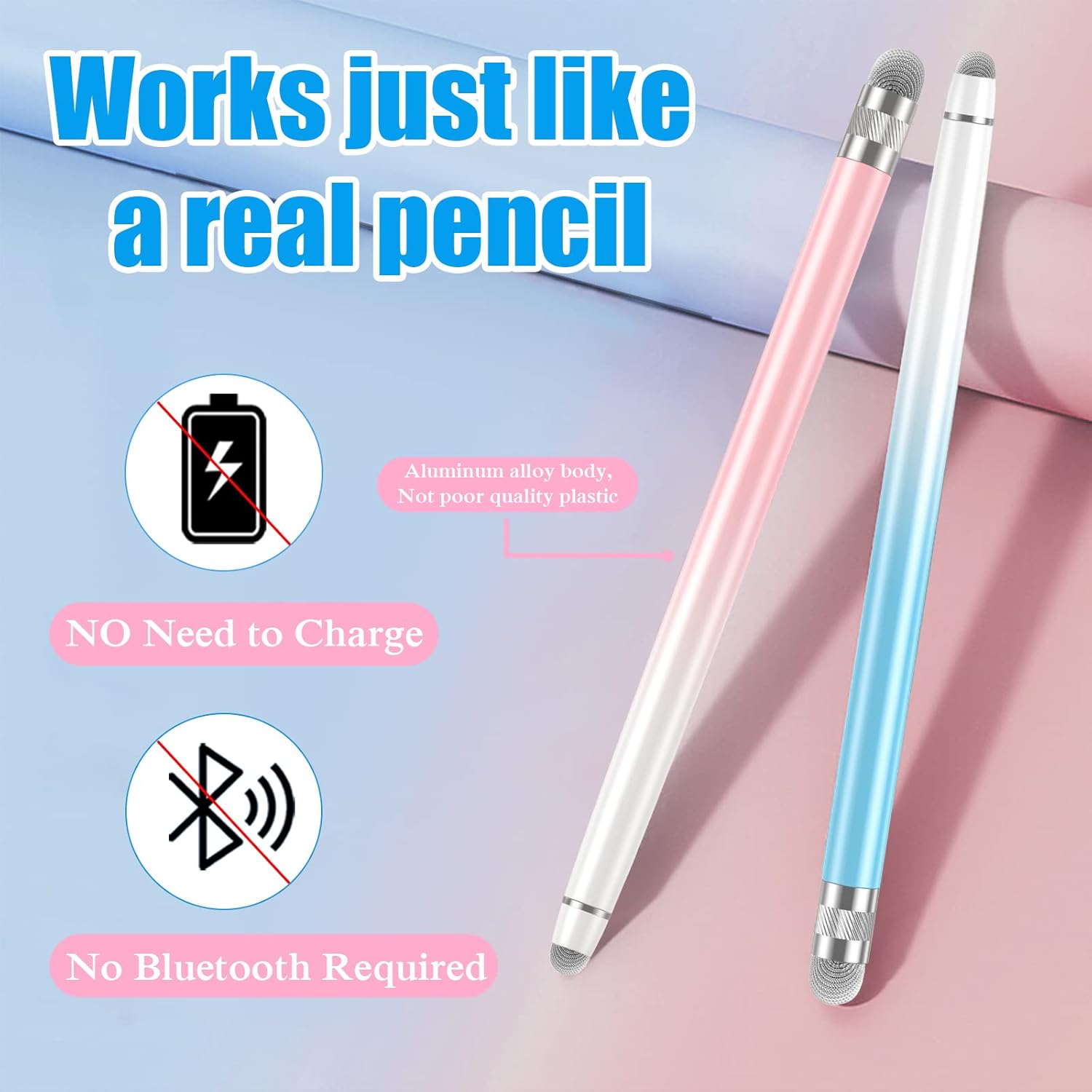 2PCS Stylus Pens for Touch Screens, Stylus Pen for iPhone/iPad/Tablet Android/Microsoft Surface, Compatible with All Touch Screens(White Pink/White Blue)