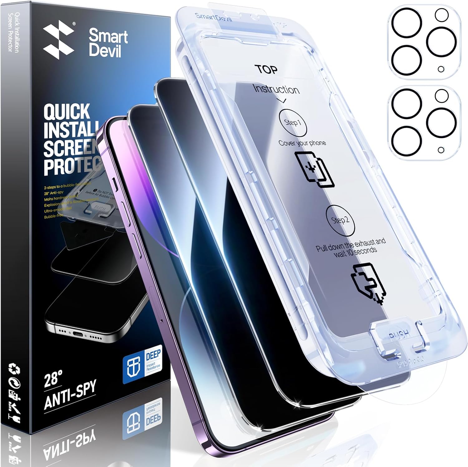 SMARTDEVIL 2+2Pack Privacy Screen Protector for iPhone 14 Pro with Camera Lens Protector,Shatterproof Tempered Glass [True 28°Anti Spy] [9H Hardness] [Automatic Dust-Elimination Install][Bubble Free]