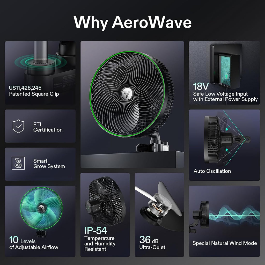 VIVOSUN AeroWave E9 Grow Tent Fan 9”, EC Motor, WiFi-Controllable, US Patented Auto Oscillating Clip fan, IP54 Weatherproof, Strong Airflow & Quiet for Hydroponic Ventilation Circulation, Black