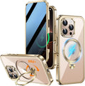 [360° Rotatable CD Stand & Built-in Privacy Screen Magnetic Case for iPhone 16 Pro [Compatible with MagSafe & Full Signal] Mil-Grade Shockproof Full Body Anti-Spy Cover for 16 Pro-Gold