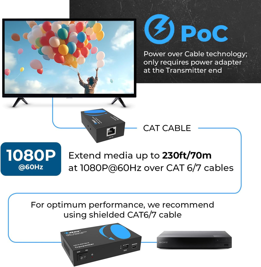 OREI 1X2 HDMI Extender Splitter Over Single CAT6/7 Cable Uncompressed 1080P with EDID - Up to 132 Ft - Loop Out - Low Latency - 1 Input 2 Output 2 Channel Transmission