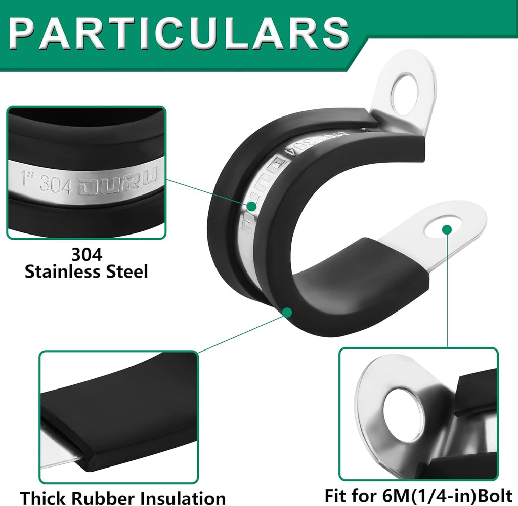30PCS Stainless Steel Cable Clamps 9 Sizes—1/8" 3/16" 1/4" 5/16" 3/8" 1/2" 5/8" 3/4" 1" Rubber Coated Cushioned Insulated Cable Clamp,Automotive Cable Wire Clamps,Pipe Clamps(Black)