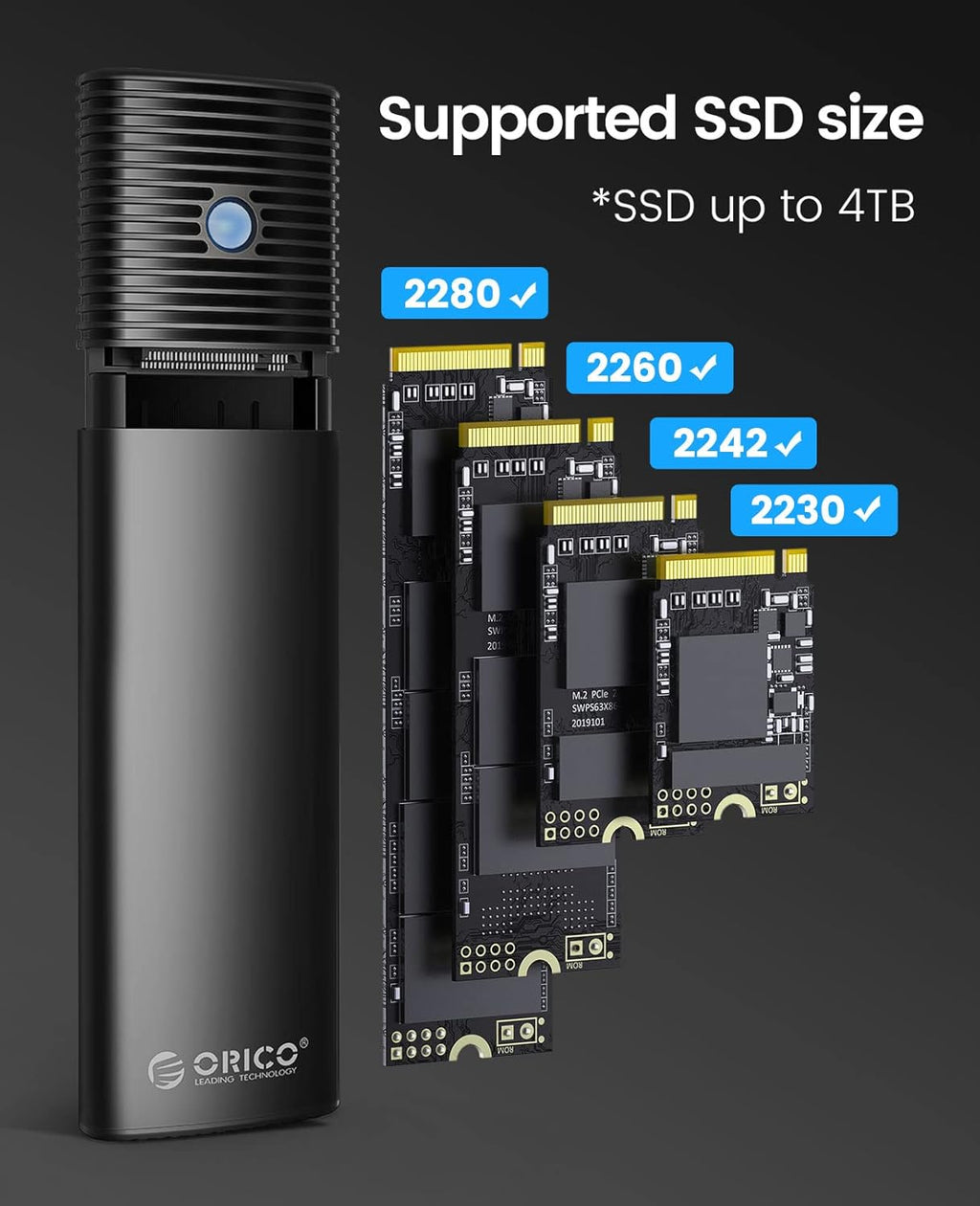 ORICO M.2 NVMe SATA SSD Enclosure Adapter Tool-Free, USB C 3.2 Gen 2 10Gbps NVMe, 5Gbps NGFF SATA PCIe M-Key(B+M Key) 2230/2242/2260/2280, Aluminum External M2 Reader Support UASP Trim- PWDM2-BK
