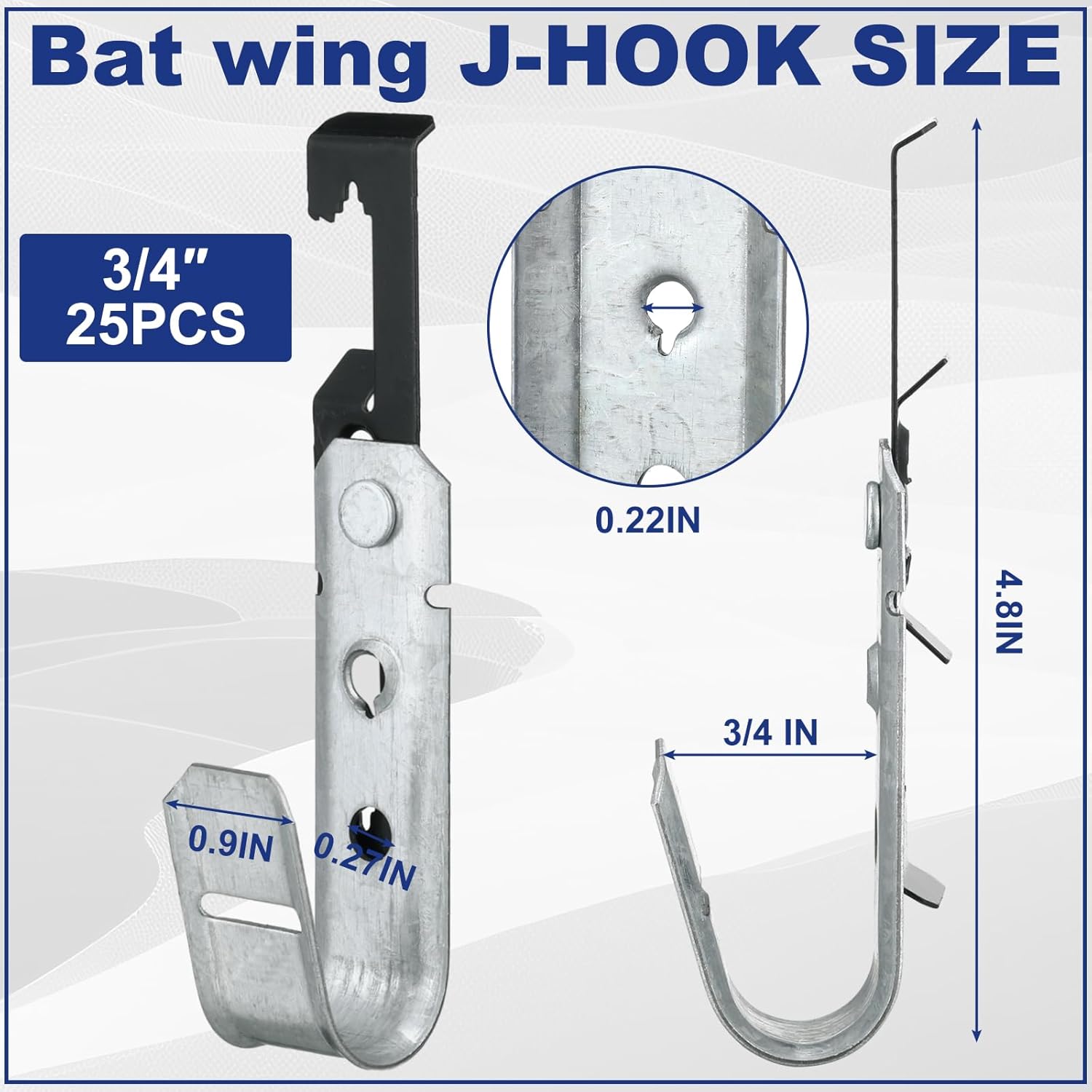 Zonon 25 Pcs J Hooks for Hanging Metal J Hook Hangers Cable Support with Bat Wing Heavy Duty G60 Galvanized Steel Cable Hooks for Attaching Ceiling Wire Threaded Rod, Ul Certification(3/4 Inch)