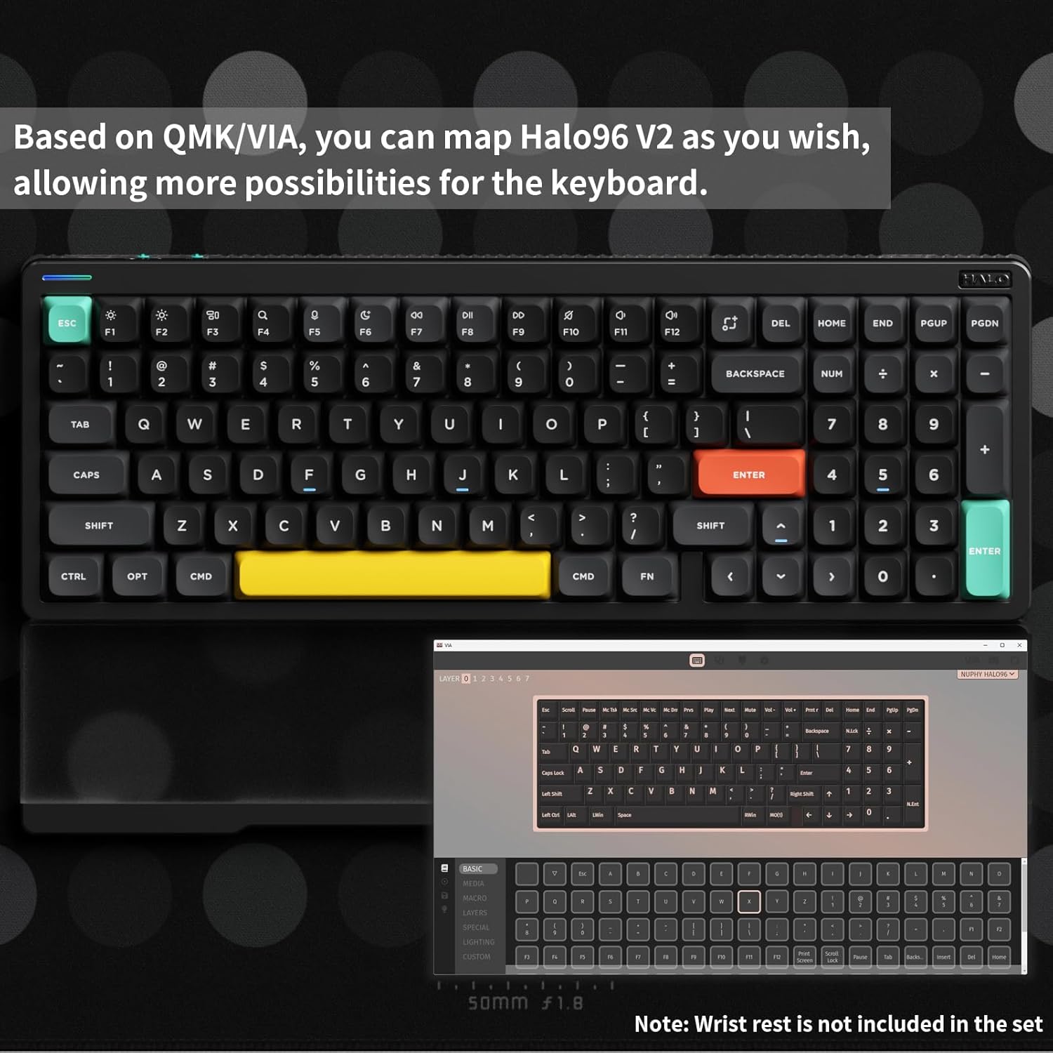 nuphy Halo96 V2 Wireless Mechanical Keyboard, 96% Hot Swappable, 99 Keys RGB Backlit, Bluetooth/USB-C/2.4GHz, Mint Switches (37gf), Black