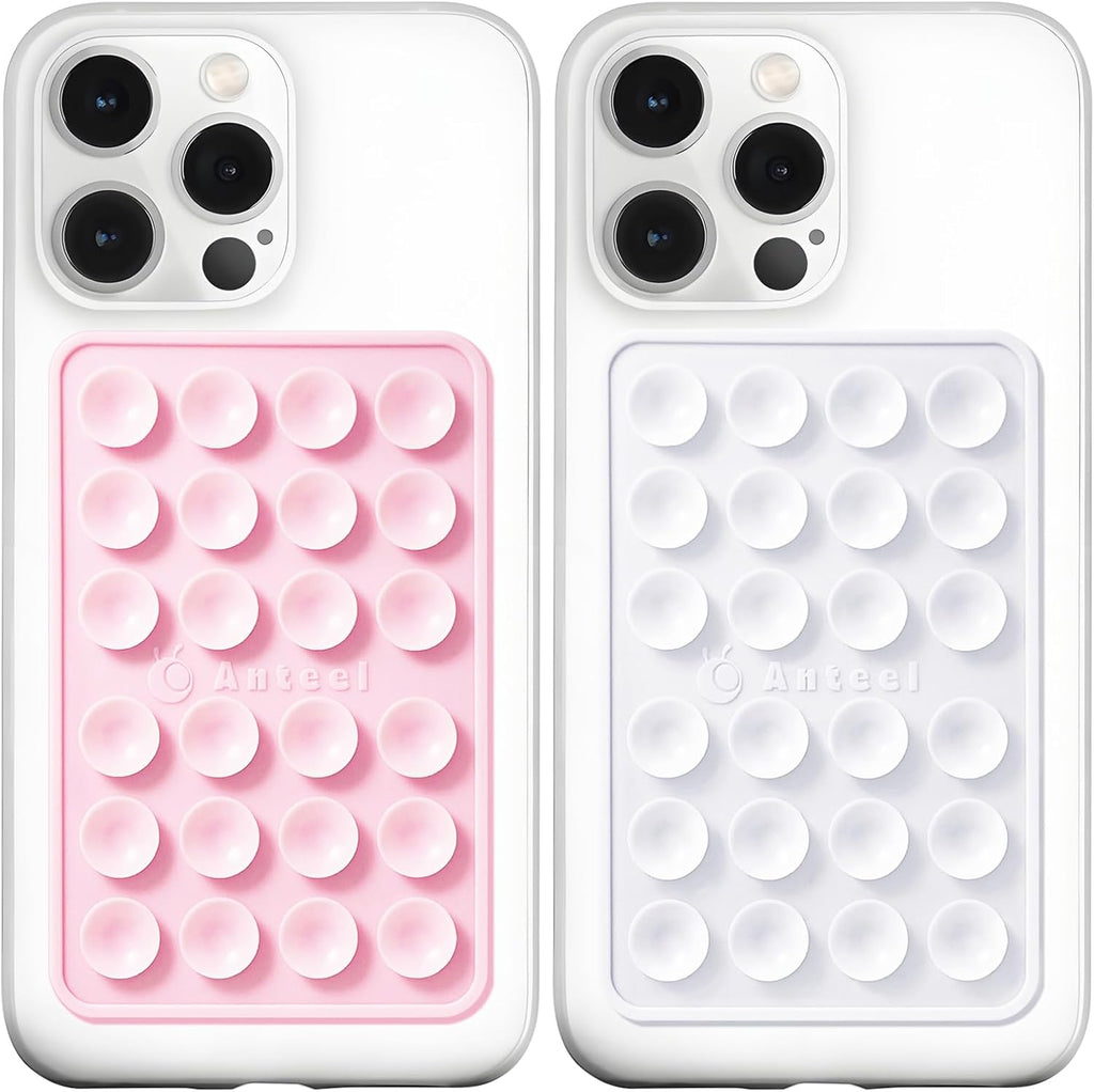 Anteel MAX Silicone Suction Phone Case Adhesive Mount, Upgraded Super Strong Grip, Durable, Easy to Use, Hands-Free Sticky Phone Holder for Selfies, Tiktok Videos, 2.56"x3.94" (LPK&WHT)