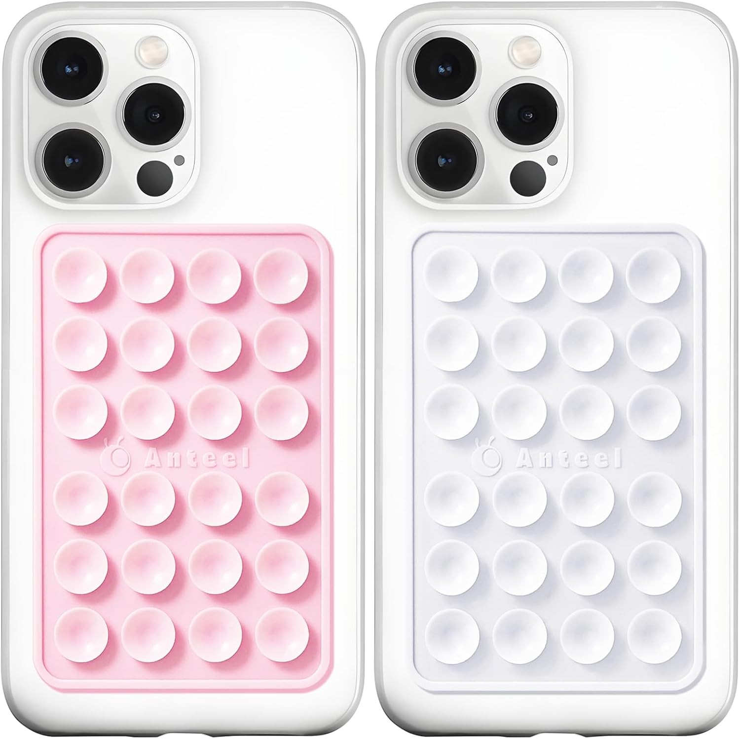 Anteel MAX Silicone Suction Phone Case Adhesive Mount, Upgraded Super Strong Grip, Durable, Easy to Use, Hands-Free Sticky Phone Holder for Selfies, Tiktok Videos, 2.56"x3.94" (LPK&WHT)