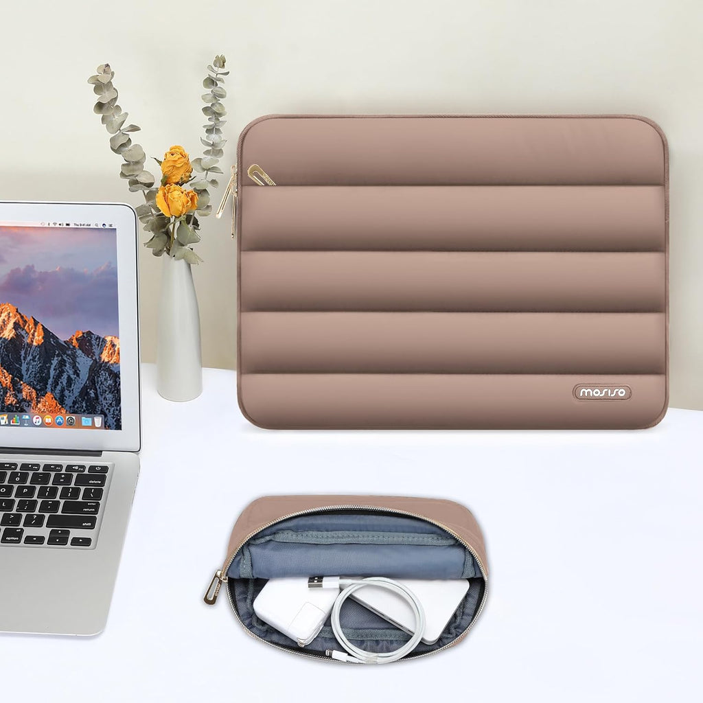 MOSISO 14 inch Laptop Case, 14 inch Puffy Laptop Sleeve Compatible with HP Lenovo Dell ASUS Acer, HP Stream, Dell Latitude, Lenovo IdeaPad, Polyester Horizontal Bag with Small Case, Brown