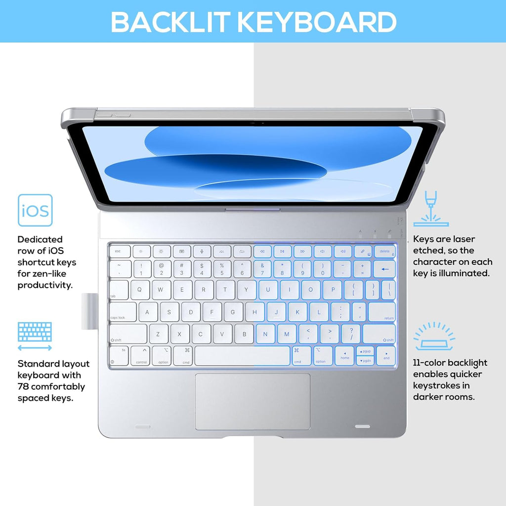 typecase Touch iPad 10th Generation Case with Keyboard (10.9", 2022) and iPad A16 (11th Gen, 2025) – 360° Rotatable, 11-Color Backlit, Multi-Touch Trackpad, Thin & Light (Silver)