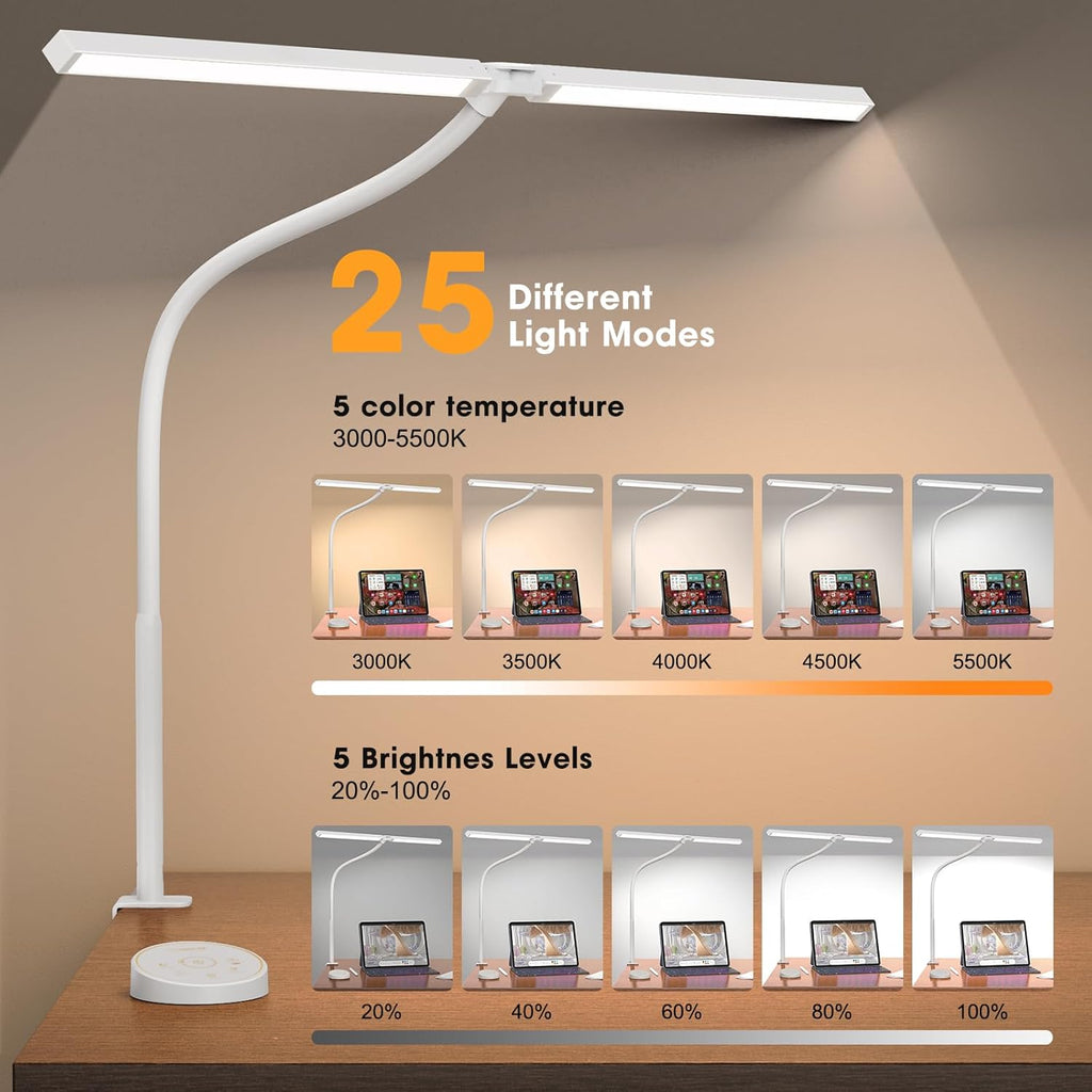 Led Desk Lamp for Office Home - Eye Caring Architect lamp with Clamp,Dual Screen Computer Monitor Gooseneck Smart Light: 24W 5 Color Flexible Adjustable Lighting Table Lamp for Study White