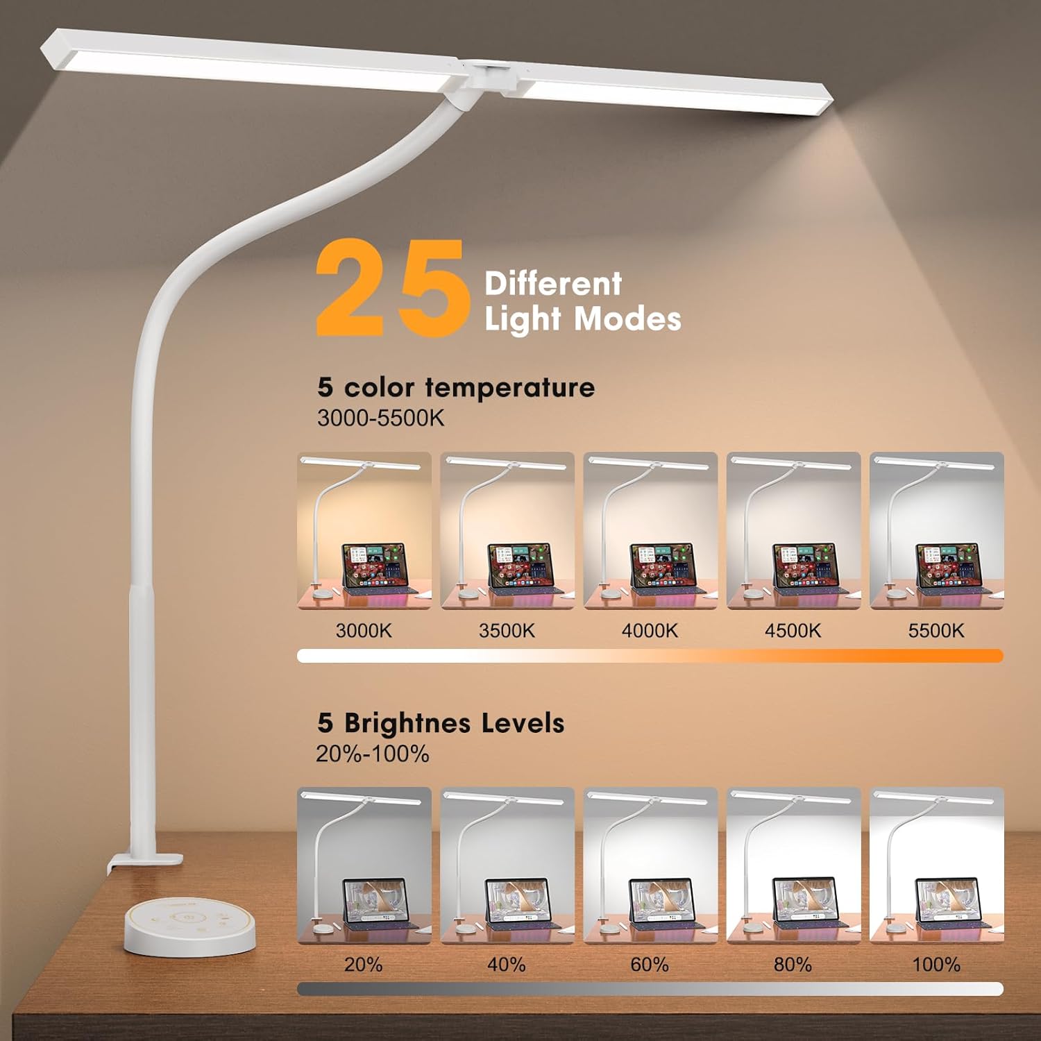 Led Desk Lamp for Office Home - Eye Caring Architect lamp with Clamp,Dual Screen Computer Monitor Gooseneck Smart Light: 24W 5 Color Flexible Adjustable Lighting Table Lamp for Study White