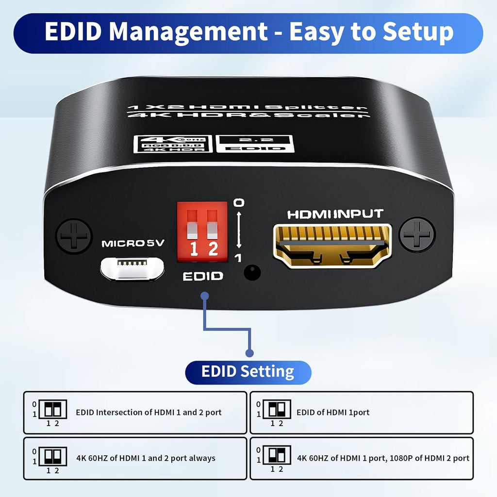 1x2 HDMI Splitter, HDR 4K@60Hz HDMI spliter 1 in 2 Out, Supports HDMI 2.0, HDCP 2.2, Mirror Screen Monitors Supports EDID Control for Xbox PS3/4/5 PC DVD Fire Stick Blu-Ray Player TV