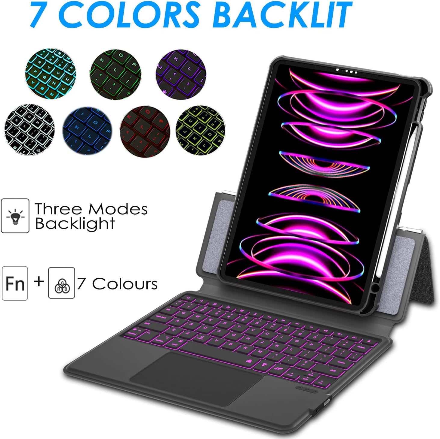 iPad 12.9 Keyboard Case for iPad Pro 12.9 inch 6th 2022/5th 2021/4th 2020/3rd 2018-7 Color Backlight,Touchpad Detachable Slim Cover with Pencil Holder (12.9",Black)