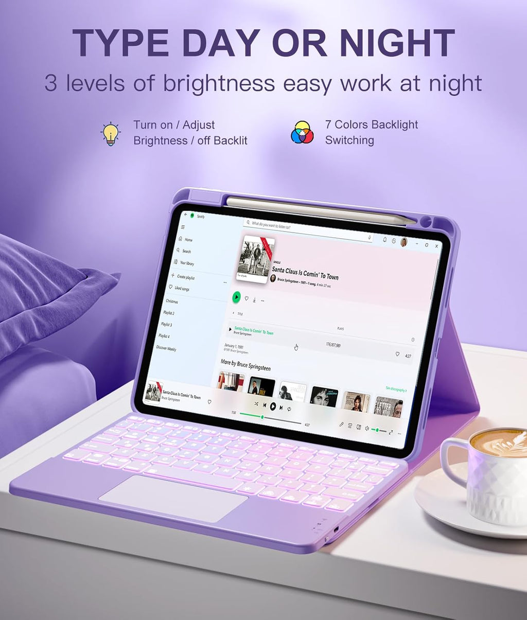 Compatible with iPad Air 11 Inch & Air 5th/Air 4th Generation Case with Keyboard - Multi-Touch Trackpad, 7-Color Backlit, Detachable Folio Cover for Air 11-inch M3/M2 (2025/2024), Light Purple