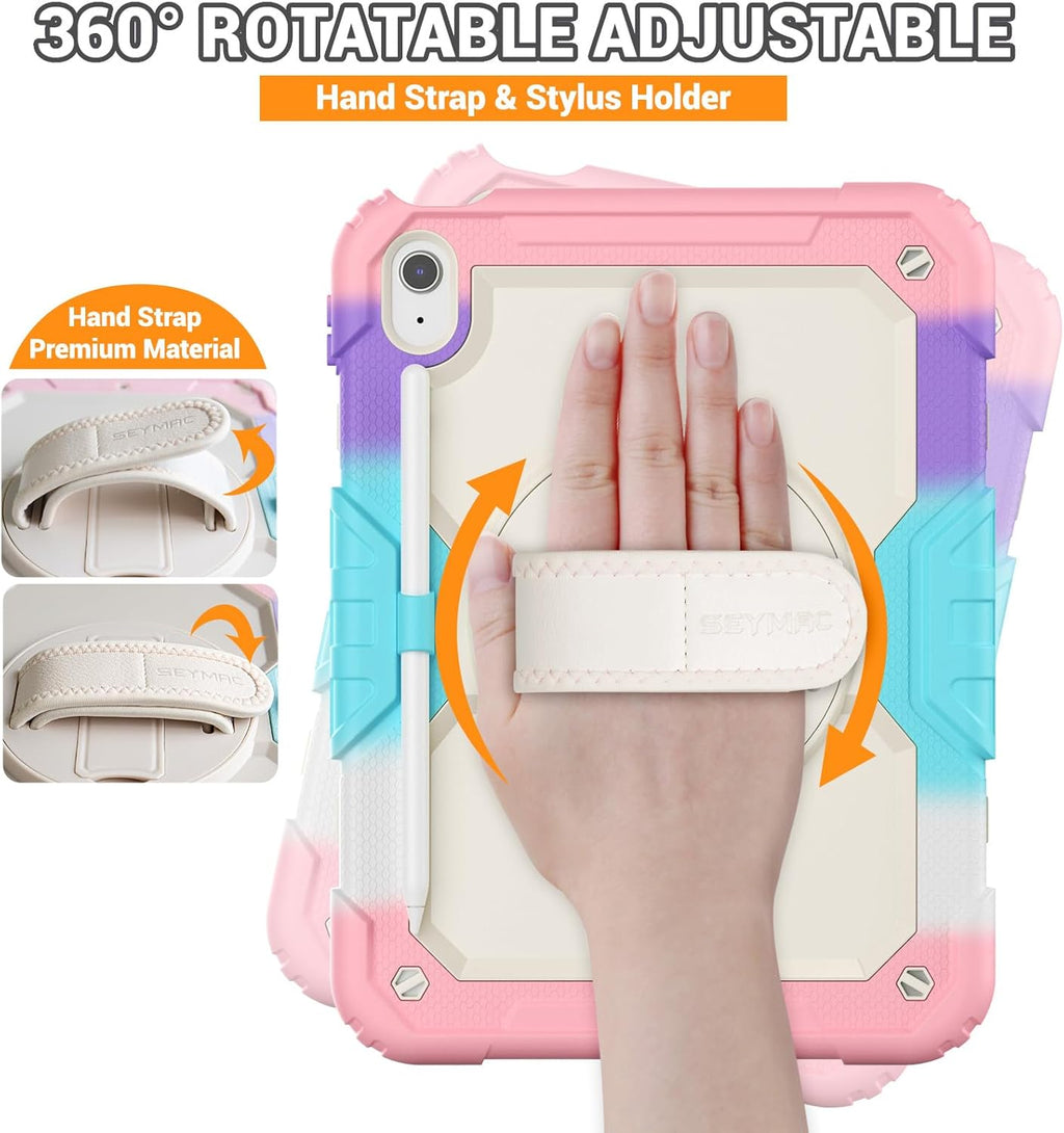 SEYMAC Case for iPad (A16) 11th/10th Generation 2025/2022 (11″/10.9″), Sturdy Heavy Duty Full-Body Shockproof Protective Case with Screen Protector, Rotating Stand, Hand/Shoulder Strap, Colorful/Pink