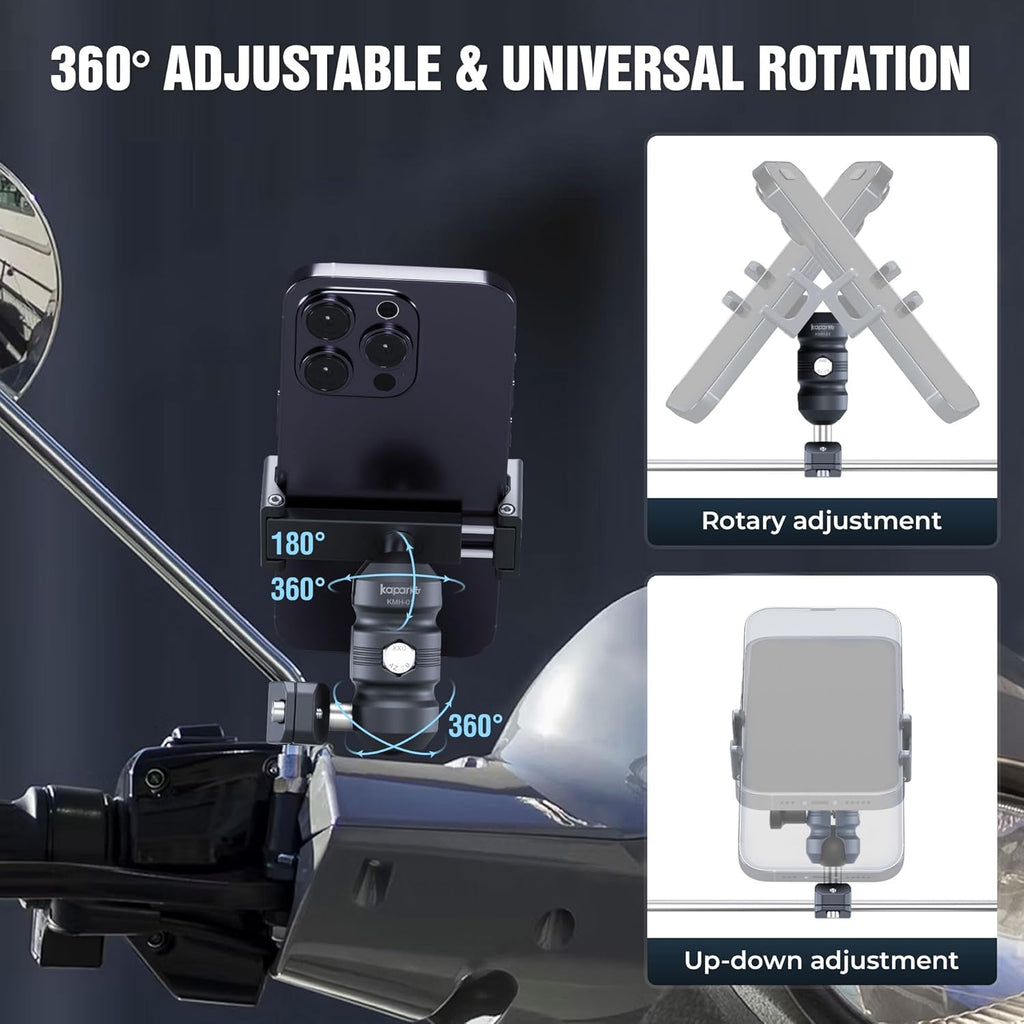 Anti-Theft Motorcycle Phone Mount, Aluminum Dual Socket Arm and U-Bolt Base for Bicycles/ATVs/Snowmobiles, Installed on 0.4-0.6" Mirror Bars (KPS-03)