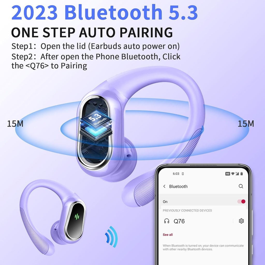 Wireless Earbuds, 2025 Bluetooth 5.4 Headphones Sport, Bluetooth Earbuds with ENC Noise Canceling Mic, 50H Stereo Wireless Headphones IP7 Waterproof with Earhooks, Dual LED Display for Workout/Running