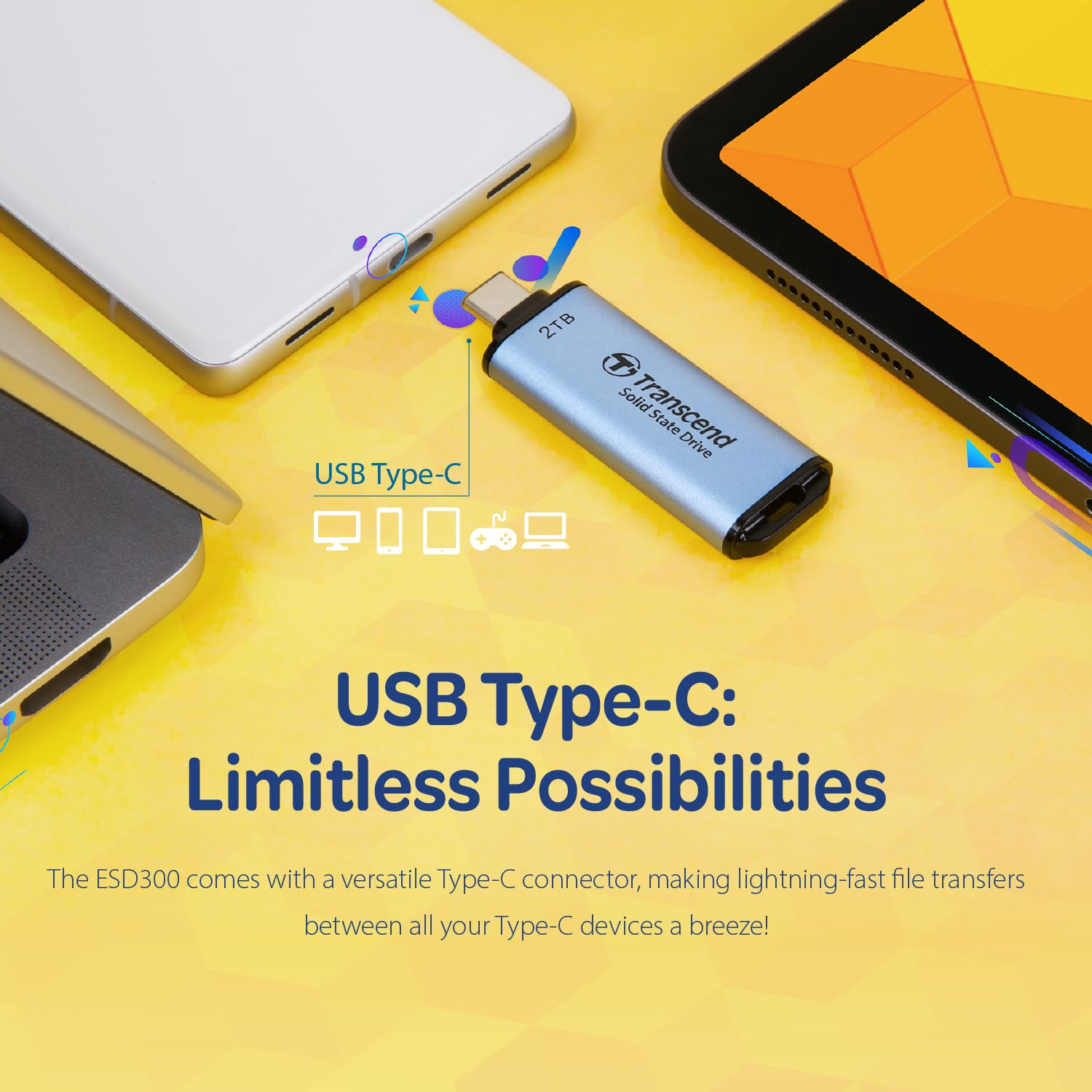 Transcend 2TB External SSD, USB 3.2 Gen2, Up to 1,050MB/s, Portable SSD with Type C, for Steam Deck, ROG Ally, MSI Claw, Windows & Mac, iPhone, iPad, Android, PS5, Xbox, Smart TV, Sky Blue