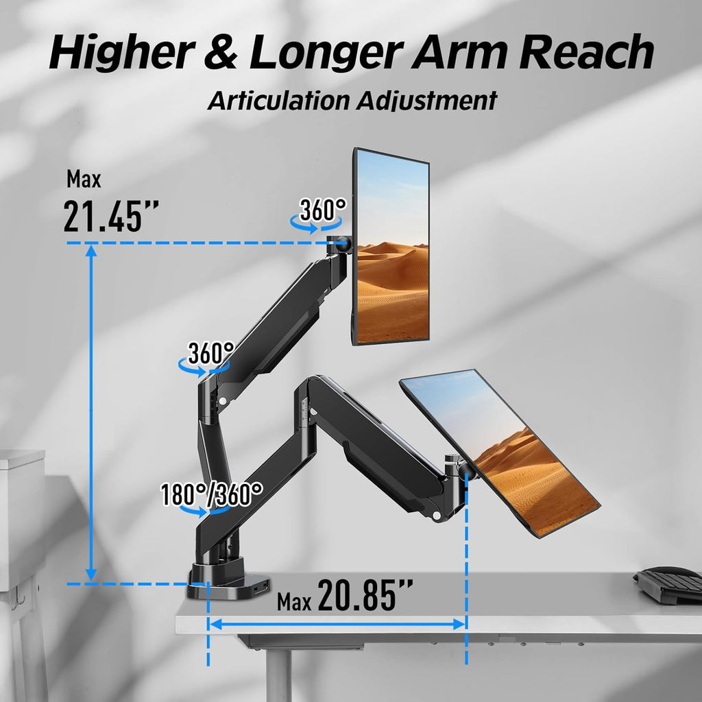 MOUNTUP Dual Monitor Mount Fits Max 39'' Screen, Ultrawide Dual Monitor Desk Mount Hold 4.4-33 lbs, Adjustable Gas Spring Double Monitor Arms, Computer Monitors Stand with USB, VESA Monitors Bracket
