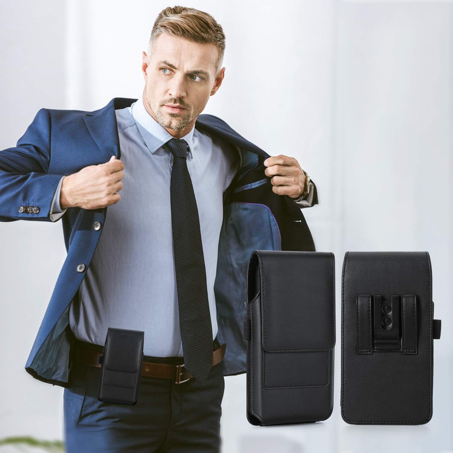 BECPLT Leather Holster Belt Case for iPhone 16 Pro/15/14/13/12/11 Pro & Galaxy S25/S24/S23/S22/S21/S20 - Slim Hard Case with Clip/Loops - Black