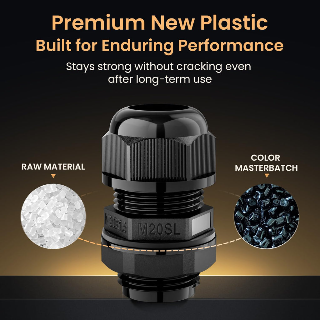 QILIPSU 10pcs M20SL Long Thread Cable Gland Waterproof IP68 Nylon Strain Relief Cord Grip Cable Pass Through Wire Connector