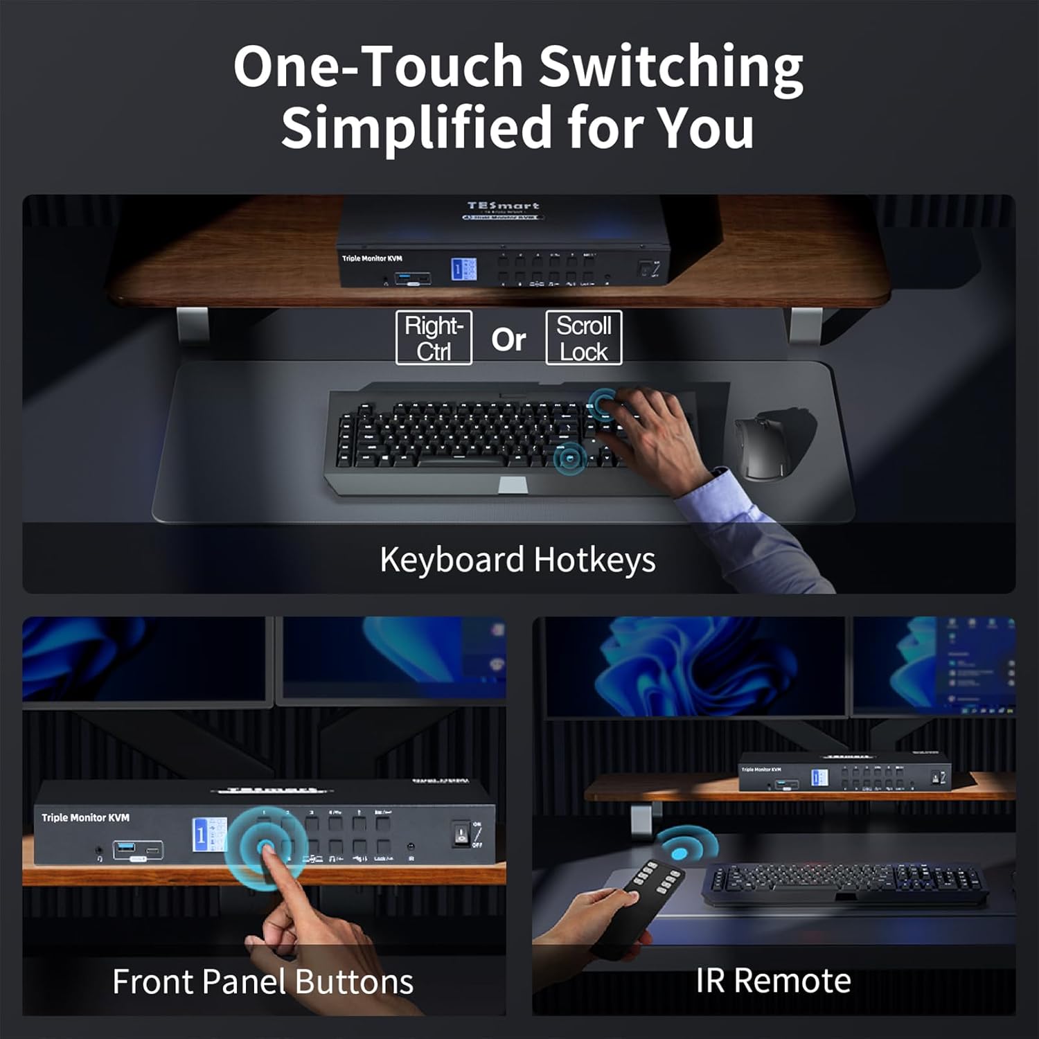 TESmart USB 3.0 HDMI+DP+USB C KVM Switch 3 Monitors 4 Computers 4K@60Hz, 4 Port Triple Monitor KVM Switch Built-in Docking Station, Headset,MST, EDID emulators, Hotkey Switch, Wired Network, Rack-Ears