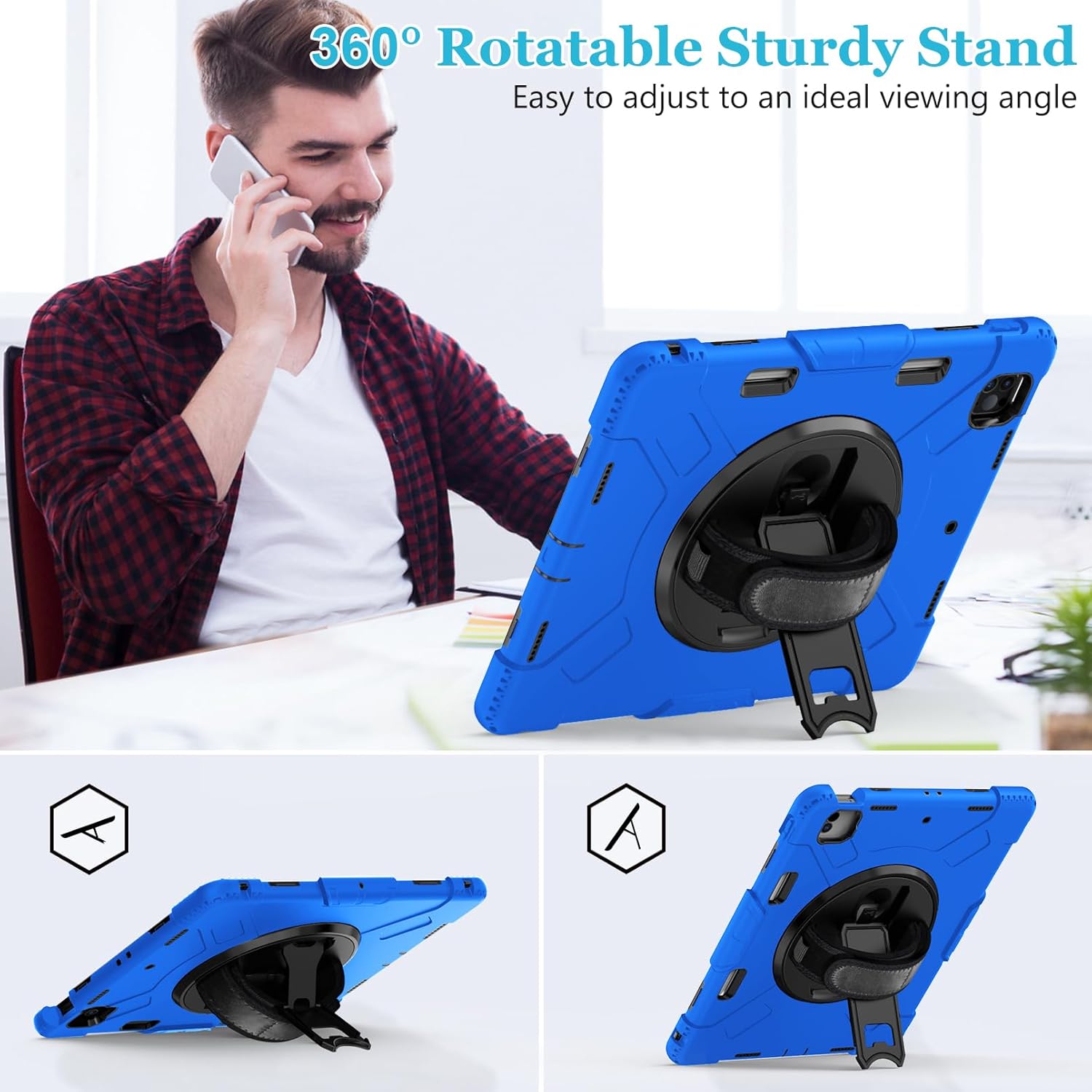 Case for iPad Pro 12.9 2022/2021/ 2020/2018: Cover for iPad Pro 12.9 6th/ 5th/ 4th/ 3rd Generation with Screen Protector- Stand- Pencil Holder- Handle- Shoulder Strap Blue