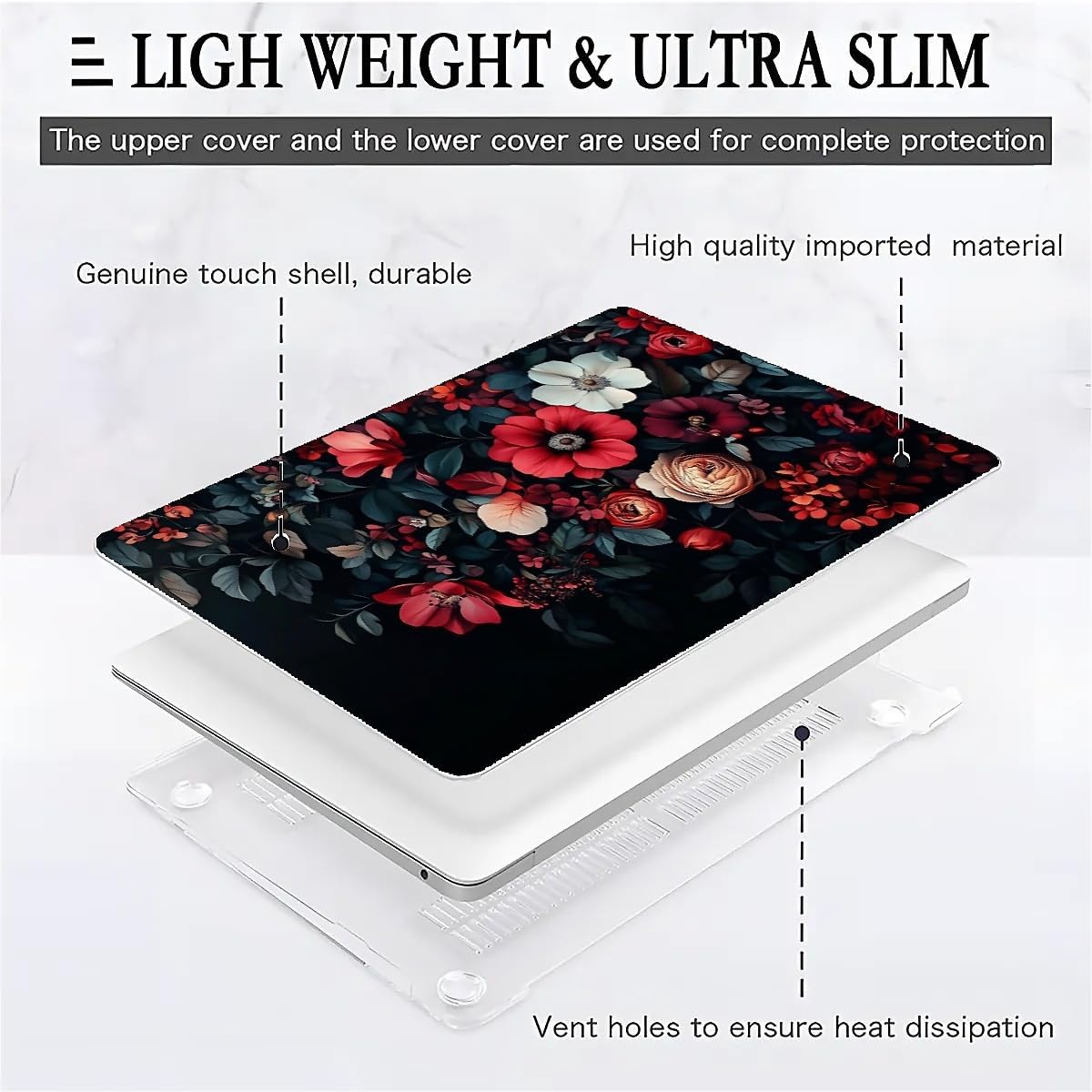 Compatible with MacBook Air 13.3 13.6 Inch Case 2022 2021 2020 2019 Plastic Hard Shell Case Cover,13.3 Air (A1932/A2179/A2337), Dark Floral