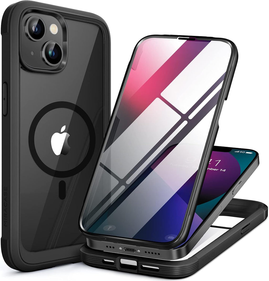 Miracase Glass Series Designed for iPhone 13 Case 6.1 inch, 2023 Upgrade Full-Body Magnetic Clear Bumper Case with Built-in 9H Tempered Glass Screen Protector,Black
