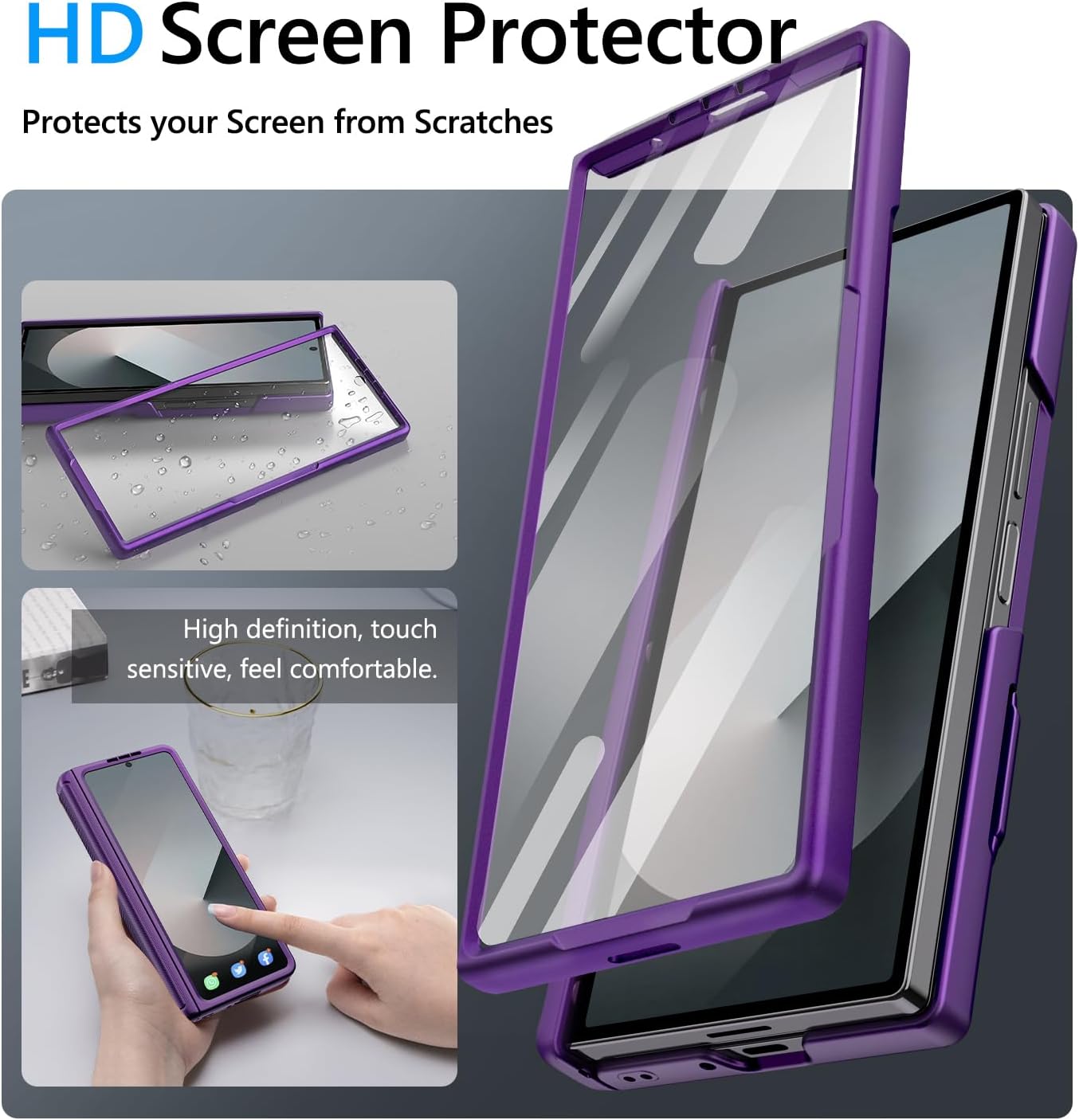 Vihibii for Samsung Galaxy Z Fold 6 Front Frame with Screen Protector, Rugged Sturdy HD Clear Cover Compatible with Samsung Galaxy Z Fold 6 6G 2023, Purple