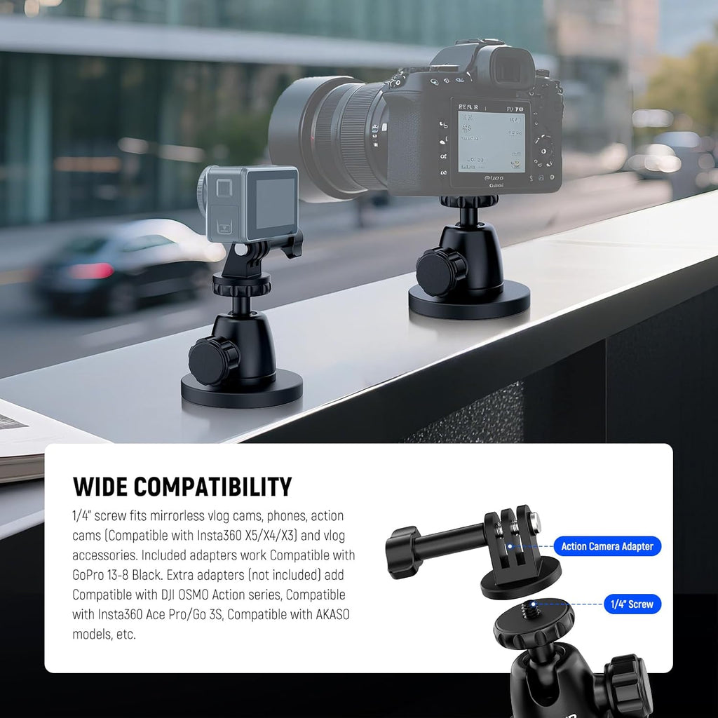 NEEWER Basics Magnetic Camera Mount for Action Camera Compatible with GoPro Insta360 DJI AKASO Accessories, Strong Magnet 360° Ball Head Mount for Car Video Recording Live Streaming, GP-101
