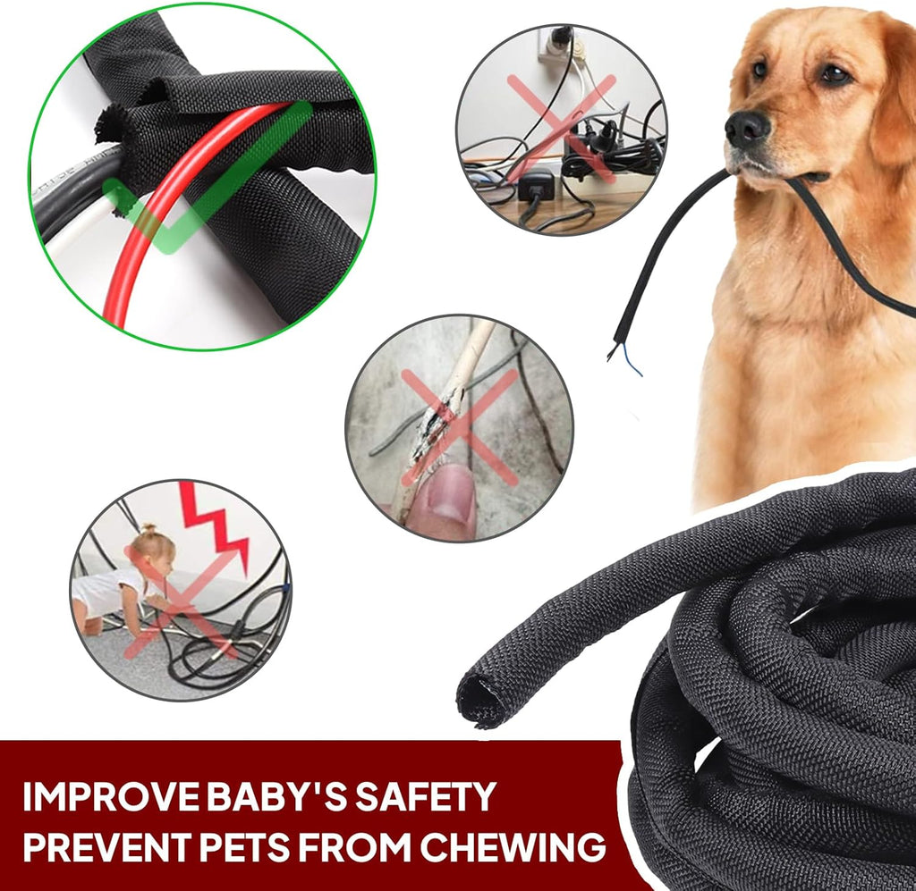 Black Braided Cable Management Sleeves Wire Loom Tubing Cord Protector Self-Wrapping (3/4"-20feet)