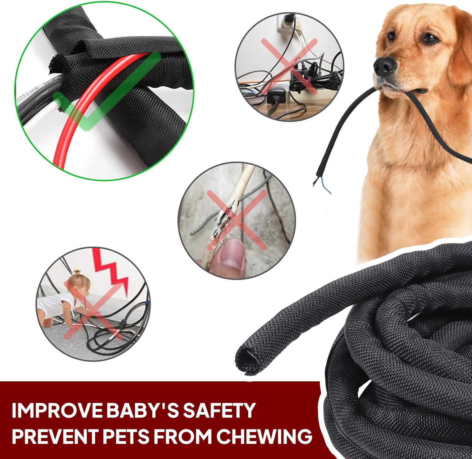 Black Braided Cable Management Sleeves Wire Loom Tubing Cord Protector Self-Wrapping (3/8"-20Feet)