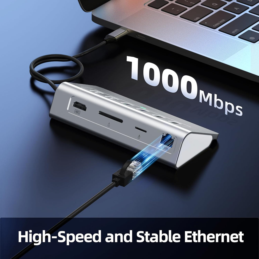 USB C Hub, 10-in-1 USB Docking Station, Aluminum USB to Ethernet Adapter with 4K HDMI, PD 100W, 1Gbps Ethernet, USB-C and 2 USB A 3.0 5Gbps, 2 USB 2.0, SD/TF Slot for MacBook Air/Pro, iPad