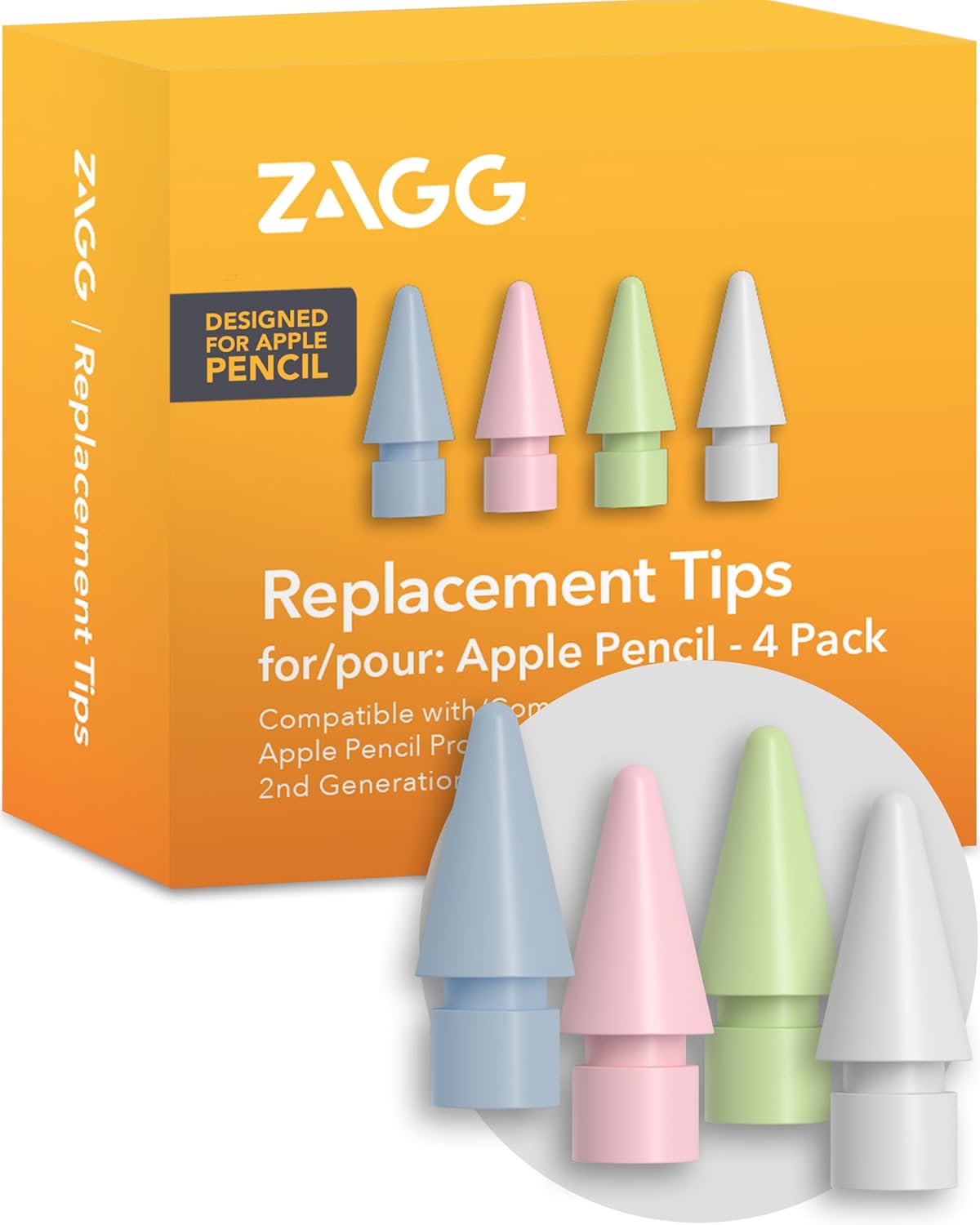 ZAGG Replacement Tips for Apple Pencil 1st Gen, 2nd Gen, & USB-C - Pack of 4, Smooth Writing, Perfect Friction, Pastel Pink, Blue, Green, & White