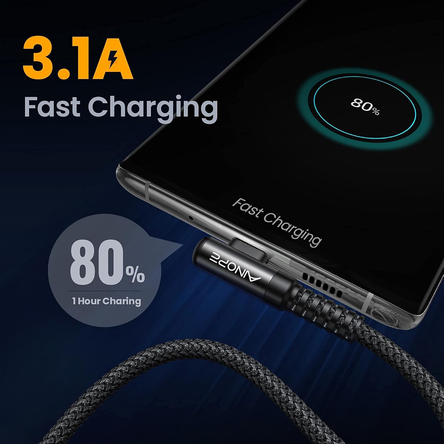 AINOPE USB C Cable Right Angle (2-Pack, 10ft+10ft) 3.1A Type C Charger Fast Charging, Resistant Nylon Braided USB A to USB C Charger Cable (Black)