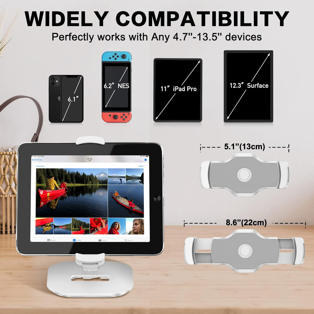 AboveTEK Upgraded Desktop Tablet Stand, 360° Swivel Tablet & Phone Desk Mount Holders for Any 4.7''-13.5'' Display iPad/Cell Phones, Stylish & Sturdy Stands for Store Office Showcase Reception (White)