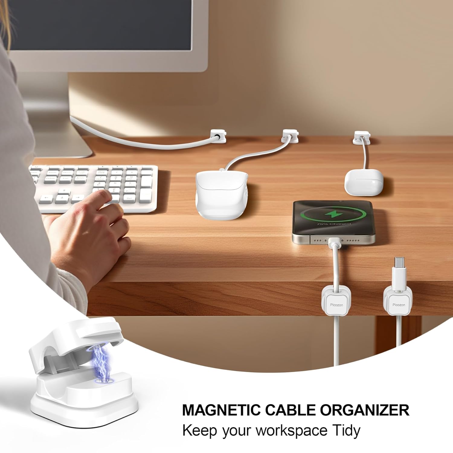 Picozon 12 Pack Magnetic Cable Clip Organizer Cord Holder, Picozon Adhesive Cable Management, Wire Phone USB Charger Cable Holder Keeper Organizer for Car, Office Home Desktop, Wall, Night Table