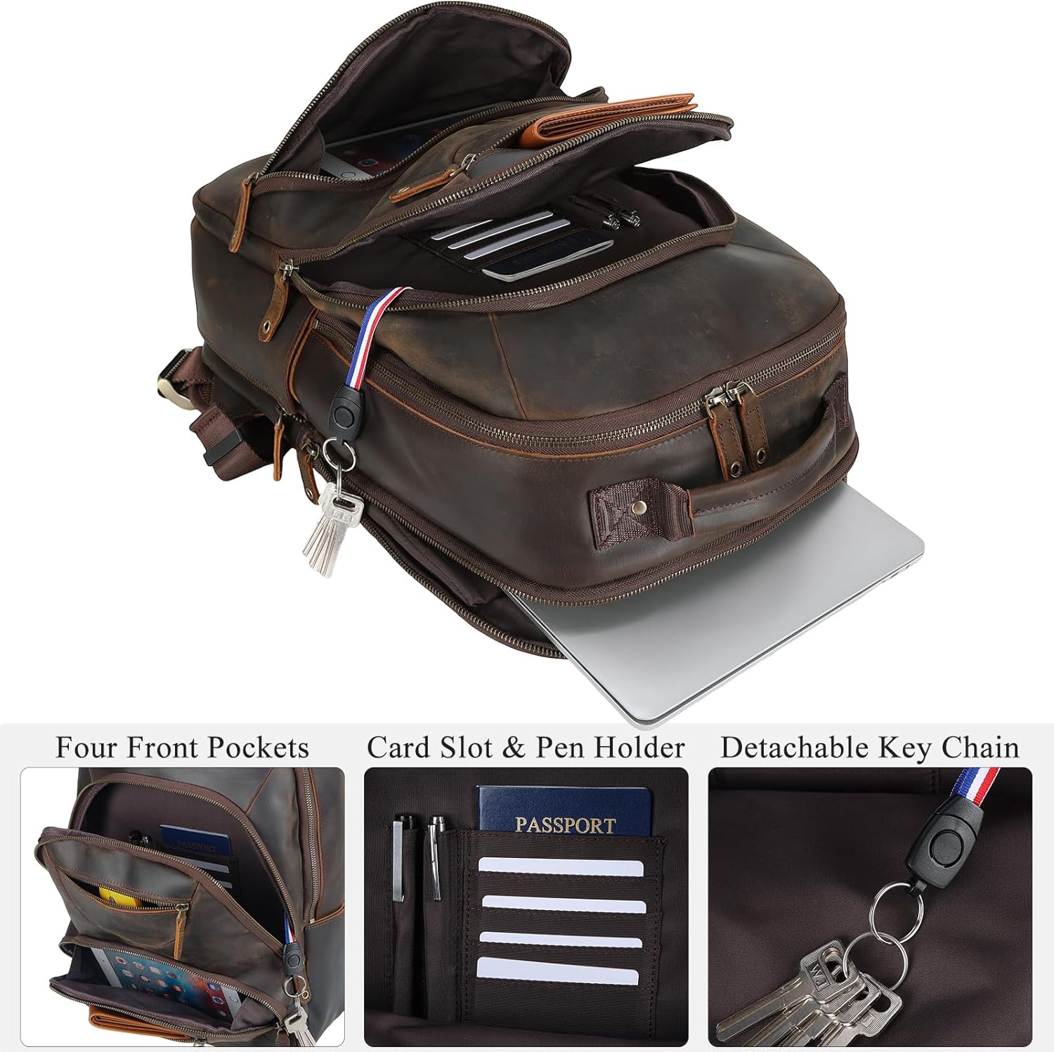 TIDING Men's Full Grain Leather Backpack Fits 16" Laptop, Vintage Business Casual Daypack 19L Overnight Travel Rucksack